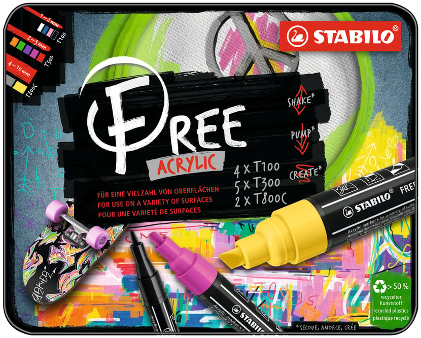 Kit de 11 marqueurs STABILO FREE acrylic - pointes mixtes - Dessiner -  Colorier - Peindre