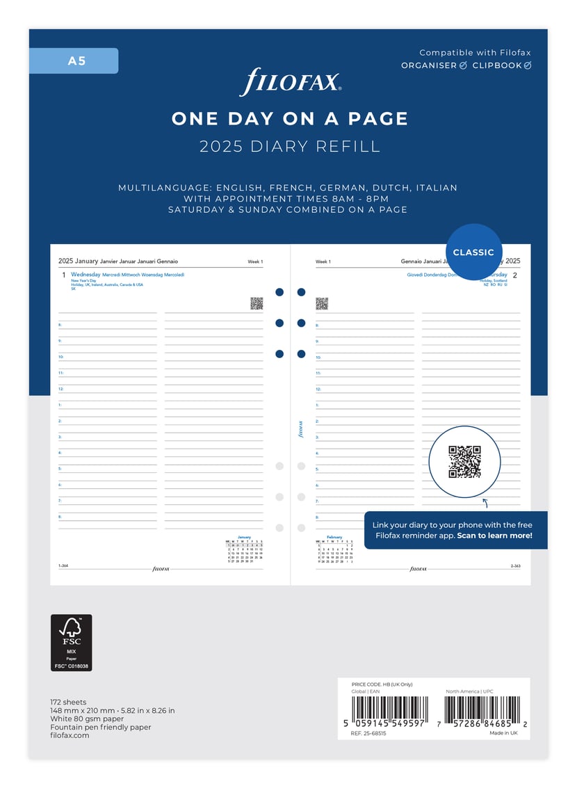 Recharge Agenda 2025 A5 176 Pages - Papier Ligné Pour Organiseur, Carnet Notes