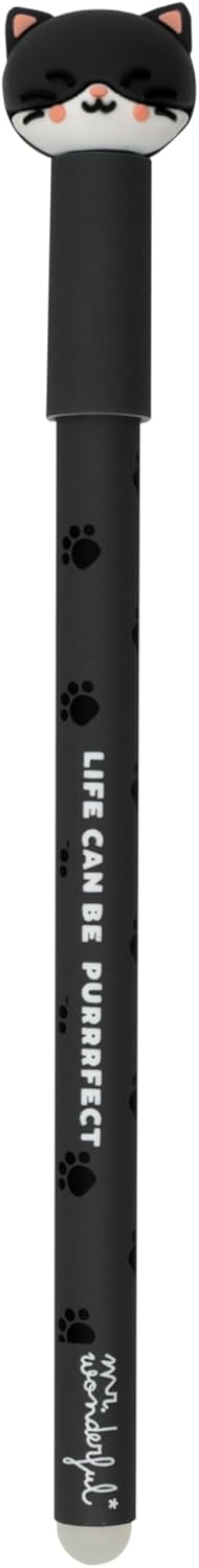 Stylos Effaçables Mr. Wonderful Bo-Bo Click! Chat & Chien - 2 Stylos (bleu Et Noir) - Gomme Intégrée à La Pointe - Prise Ergonomique