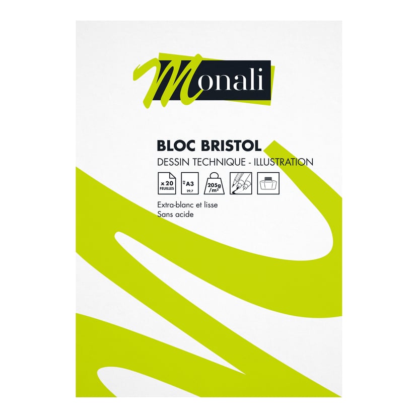 Bloc bristol 20 feuilles A3 205g/m² - Monali - Papiers arts graphiques -  Art graphique