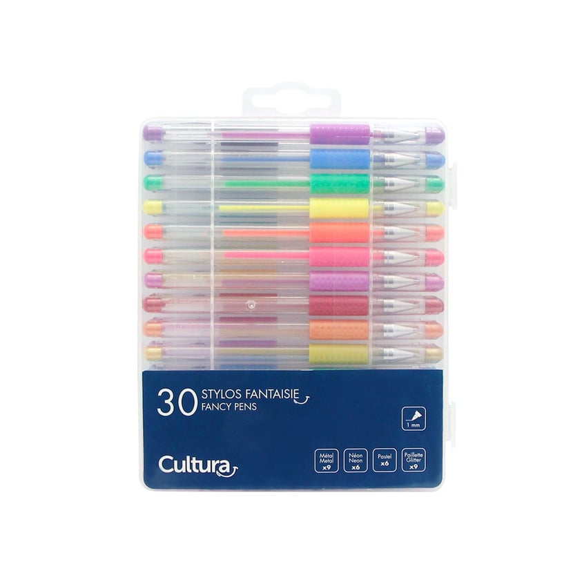 Lot de 30 stylos roller - Effets métallique, pailletté, néon, pastel -  Pointe moyenne - Cultura