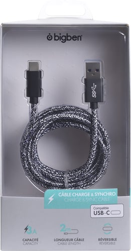 Câble USB C tissé noir de 2 mètres - Chargeurs USB - Chargeurs -  Connectiques Smartphone - Matériel Informatique High Tech