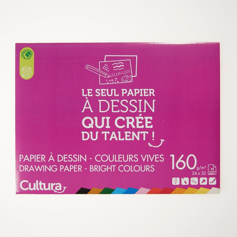 Papier dessin - 12 feuilles 24 x 32 cm - 160 g/m² - Cultura - Couleurs  vives - Papiers et pochettes dessin - Supports de dessin et coloriage