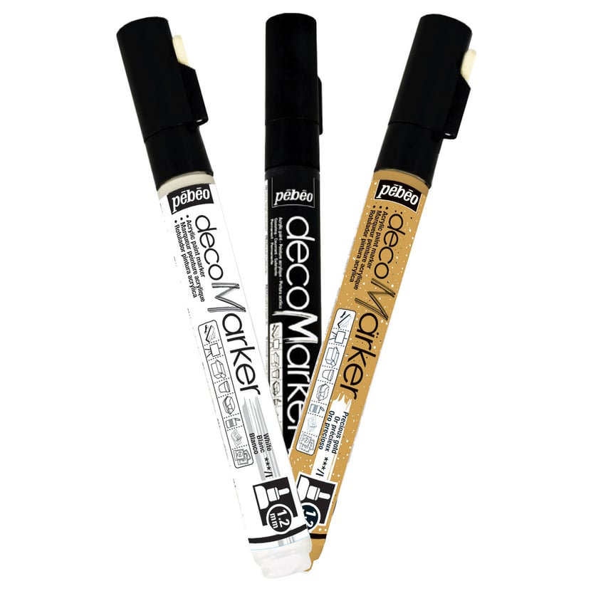SET de 3 acrylic markers - pointe 1,2mm - noir, blanc, or