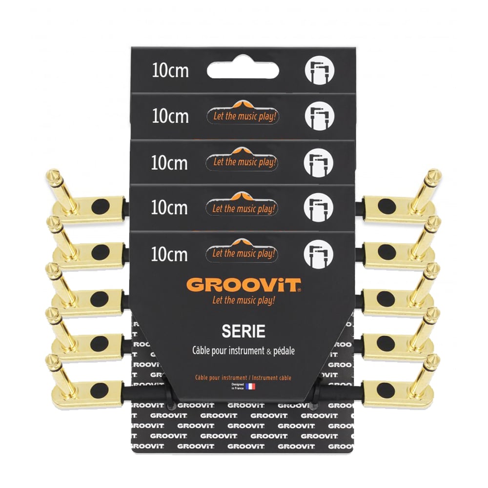 GROOVIT® Câble Patch Plat 10cm Jack Embout Gold (Pack x5) - Pour pédale d'Effets