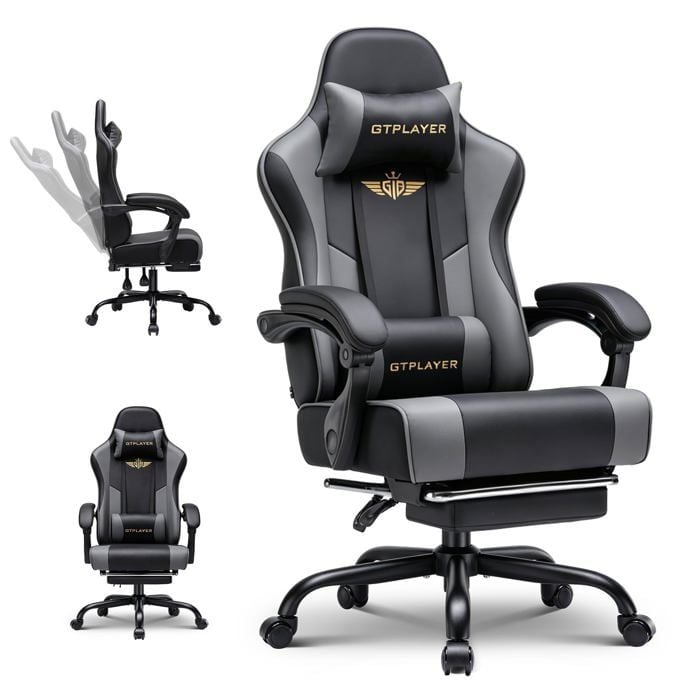 Fauteuil gaming ergonomique - GTPLAYER - noir/gris avec repose-pieds