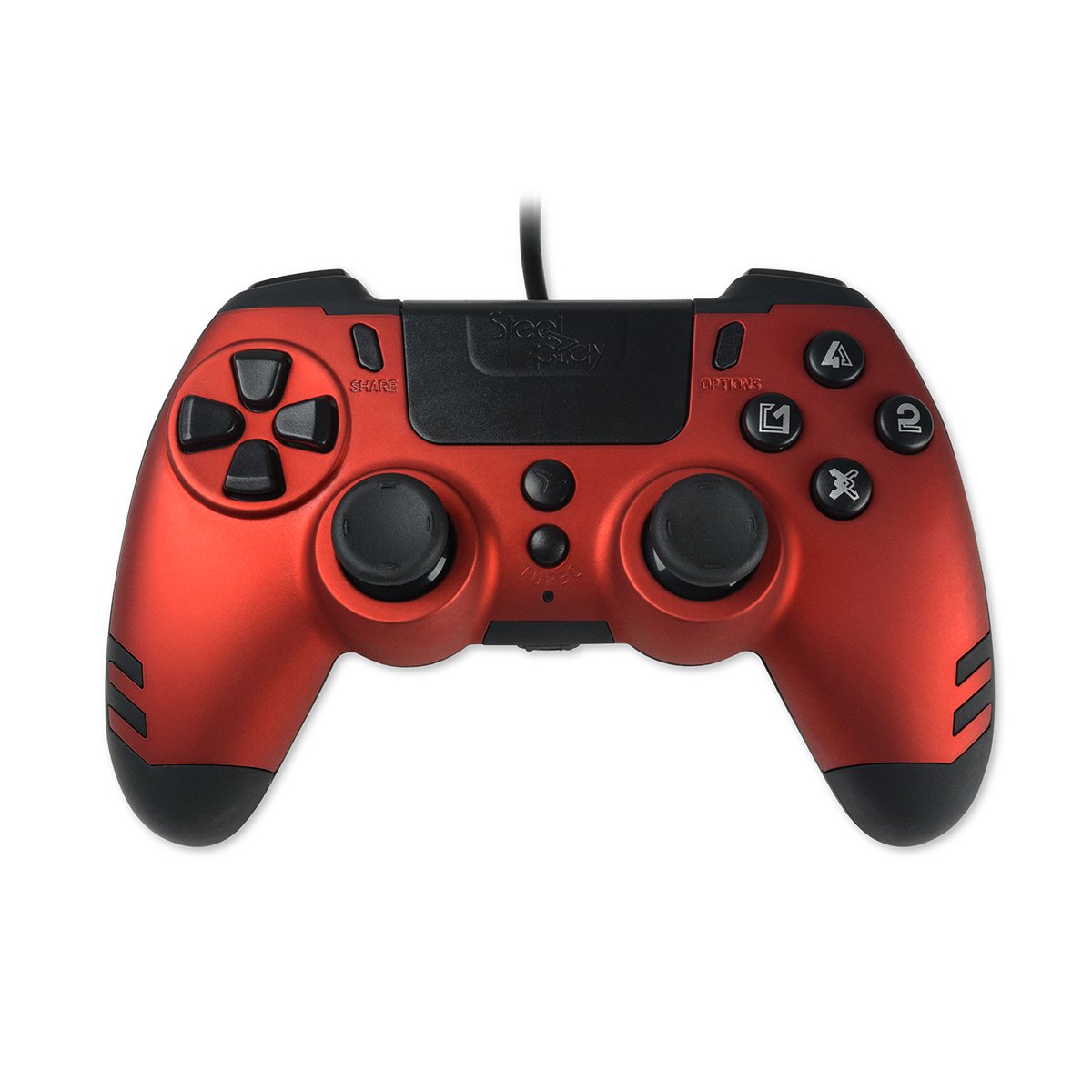 Steelplay Slimpack - Manette filaire (câble de 3m), Compatible PS4/PS3/PC, Double Retour de Vibration, 4 palettes arrière programmables, Ergonomique et Confortable - Rouge Rubis