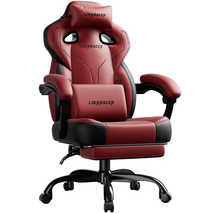 LUCKRACER Chaise de gaming chaise de bureau avec accoudoirs intégrés coussin en mousse à mémoire de forme repose piedsRouge - vue 2