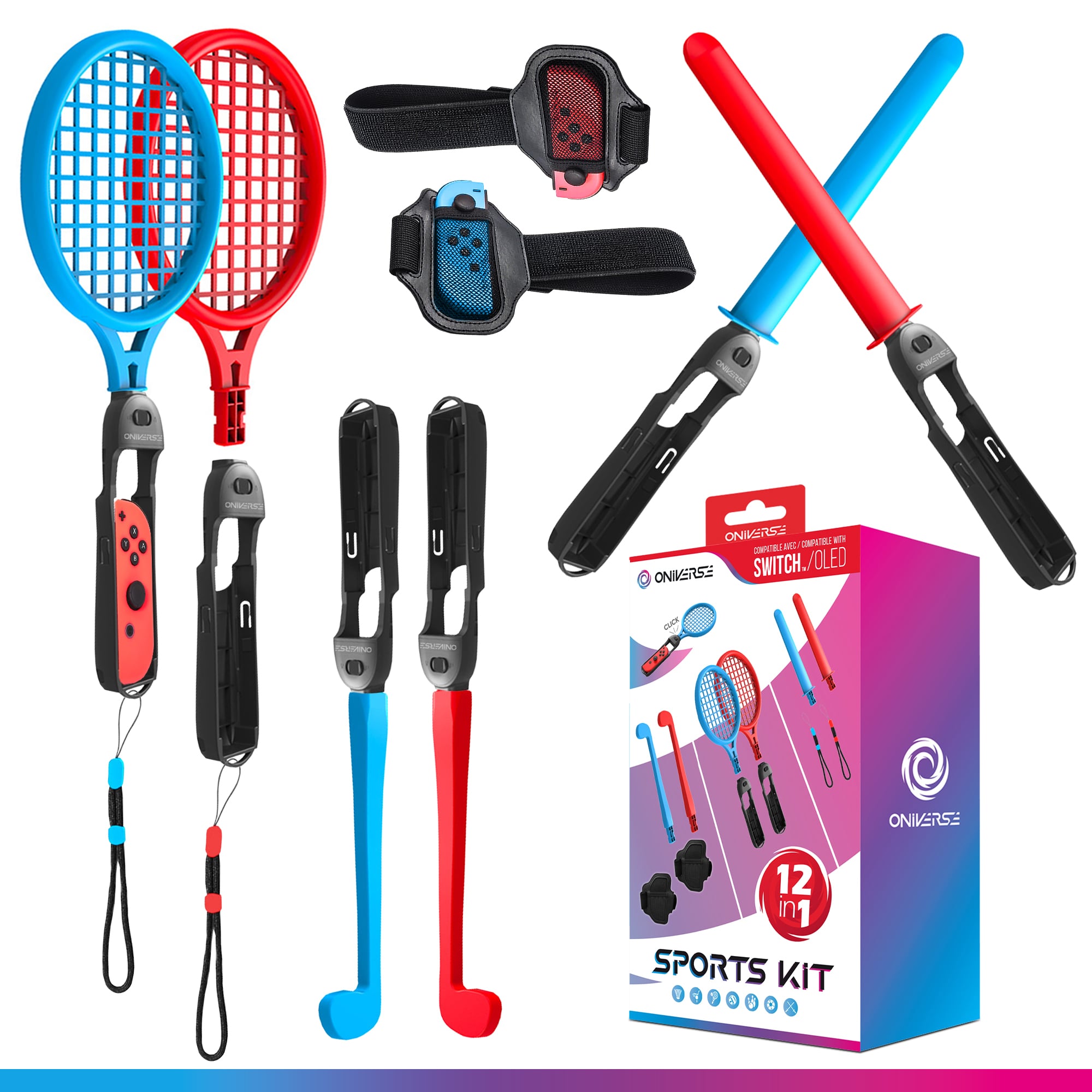 Oniverse Kit 12 en 1 d’accessoires compatibles Nintendo Switch Sports avec dragonnes raquettes sabres chanbara clubs de golf - vue 2