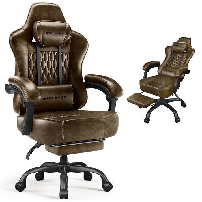 Chaise Gaming Ergonomique Synchrone Accoudoirs Réglables Coussins LombaireTête Siège Épais PU rétro - vue 2