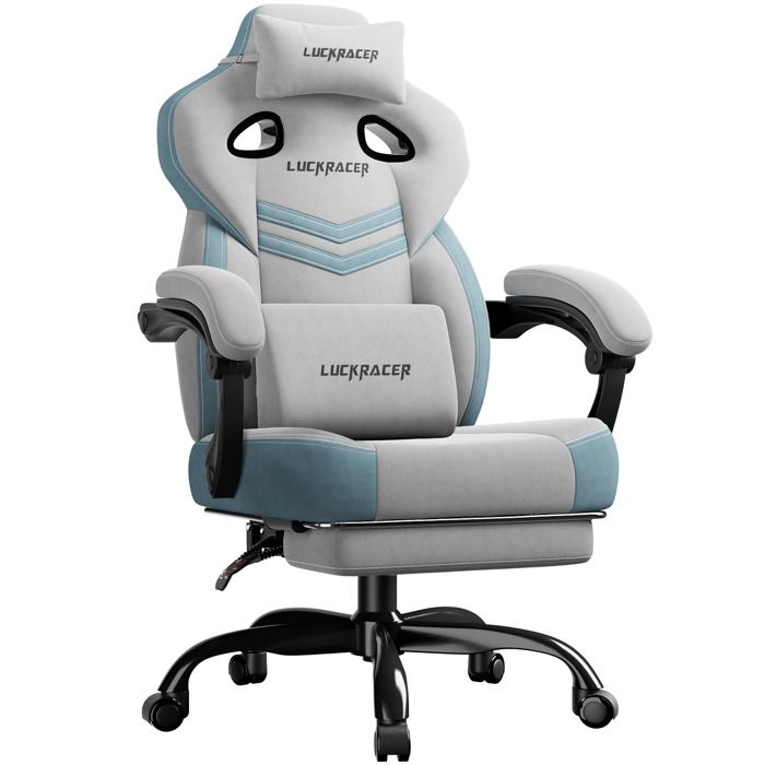 LUCKRACER Chaise de gaming chaise de bureau avec accoudoirs intégrés coussin en mousse à mémoire de forme repose piedsGris - vue 2