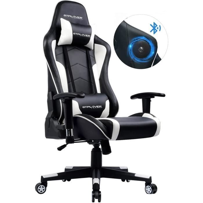 GTPLAYER Chaise gaming -  - Bluetooth - Simili cuir PU - Blanc noir
