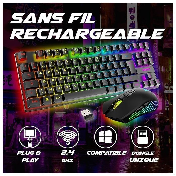 Pack Gaming Sentai C03 WL Clavier TKL + Souris sans Fil Rechargeable Rétroéclairé, AZERTY Français, 3200 DPI – Pack pour PC PS4 PS5 – Noir – Plug & Play