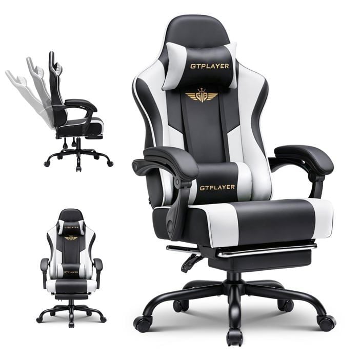 Fauteuil gaming ergonomique - GTPLAYER - avec repose-pieds Noir/blanc PU