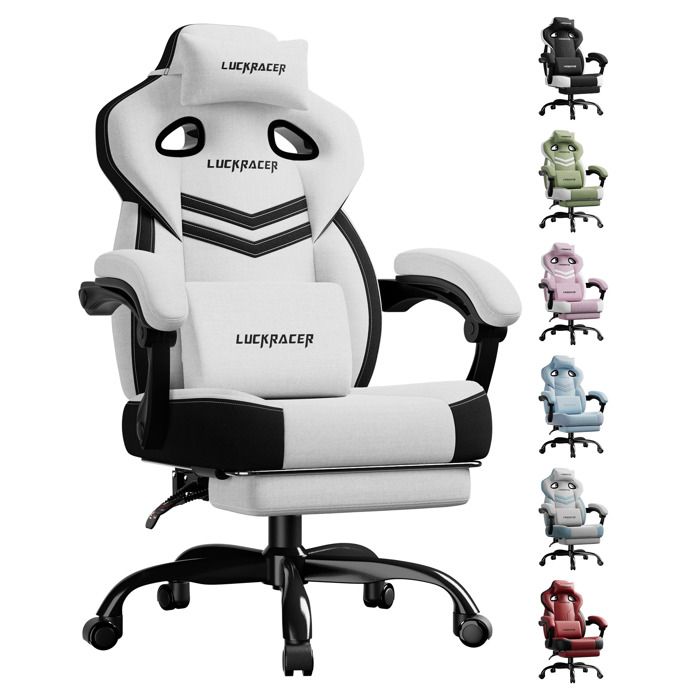LUCKRACER Chaise de gaming chaise de bureau avec accoudoirs intégrés coussin en mousse à mémoire de forme repose piedsBlanc - vue 2