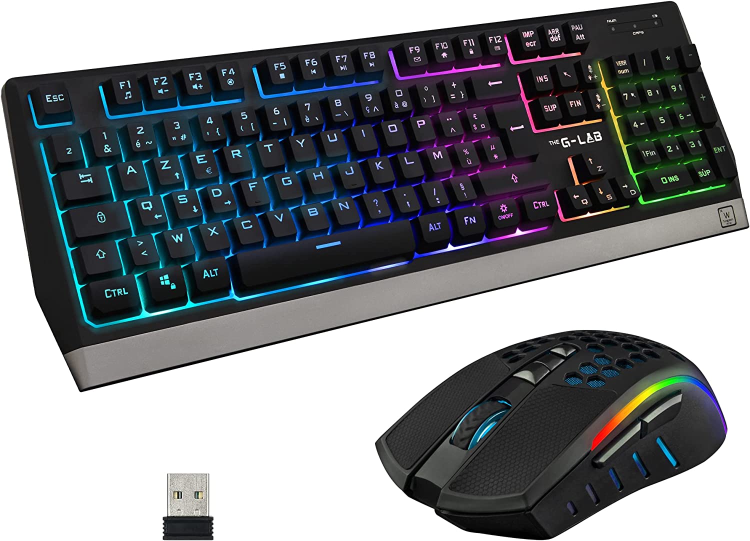 The G-Lab Combo Tungsten - Ensemble Clavier et Souris Gamer sans Fil Rétro Éclairés - Clavier Gaming Wireless AZERTy + Souris Gamer Wireless 2400 DPI - Pack Clavier Souris sans Fil pour PC PS4 PS5