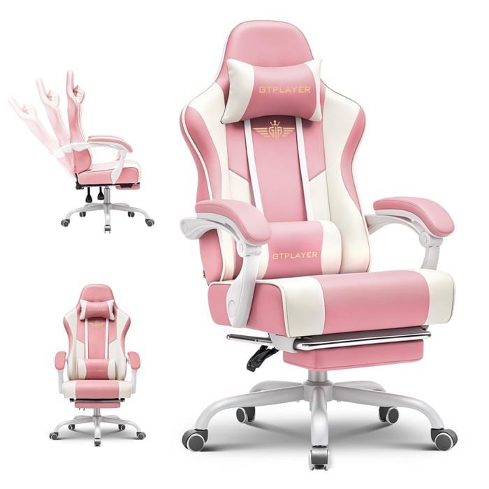Fauteuil gaming ergonomique - GTPLAYER - repose-pieds PU rose/blanc