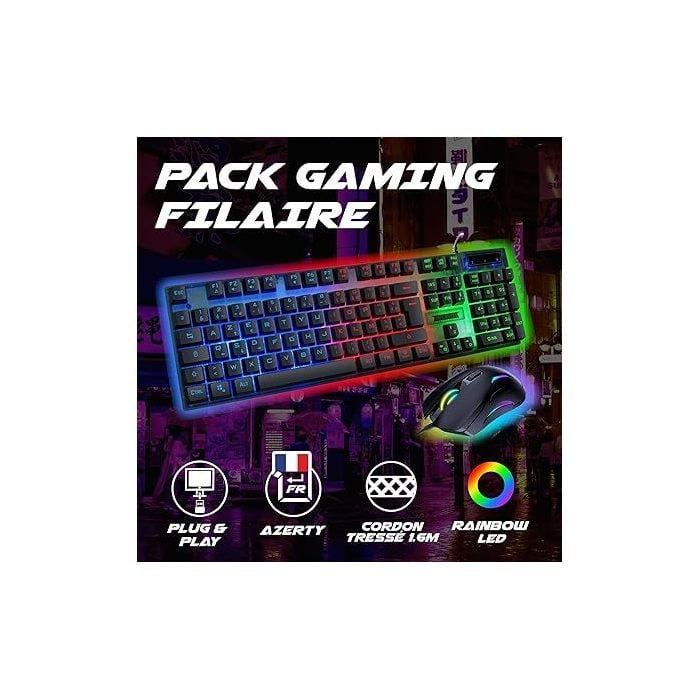 Pack Gaming Sentai C02 Clavier + Souris Filaire Rétroéclairé, AZERTY Français, 3600 DPI – Pack pour PC PS4 PS5 – Noir – Plug & Play