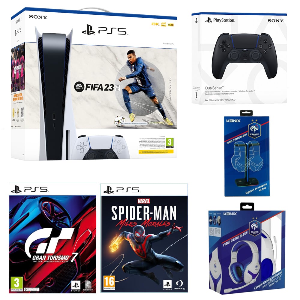 Pack console PS5 standard FIFA 23 + manette DualSense noire + Casque "Fiers d'être bleus" + Support de casques et hub + Gran Turismo 7 + Spider-man Miles Morales
