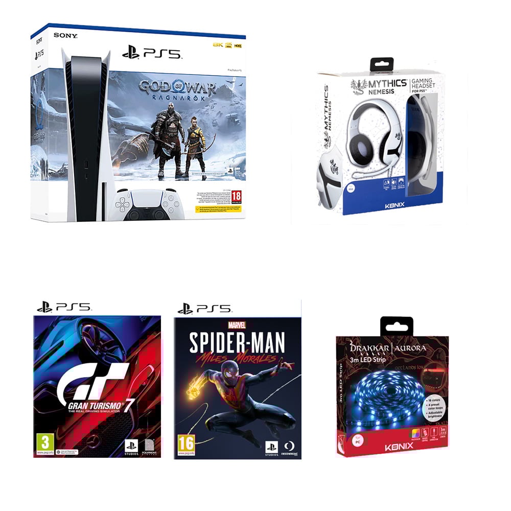 Pack console PS5 standard God of War Ragnarok + Casque gaming KONIX - Mythics Nemesis + Gran Turismo 7 + Spider-man Miles Morales + Bande led KONIX- Aurora