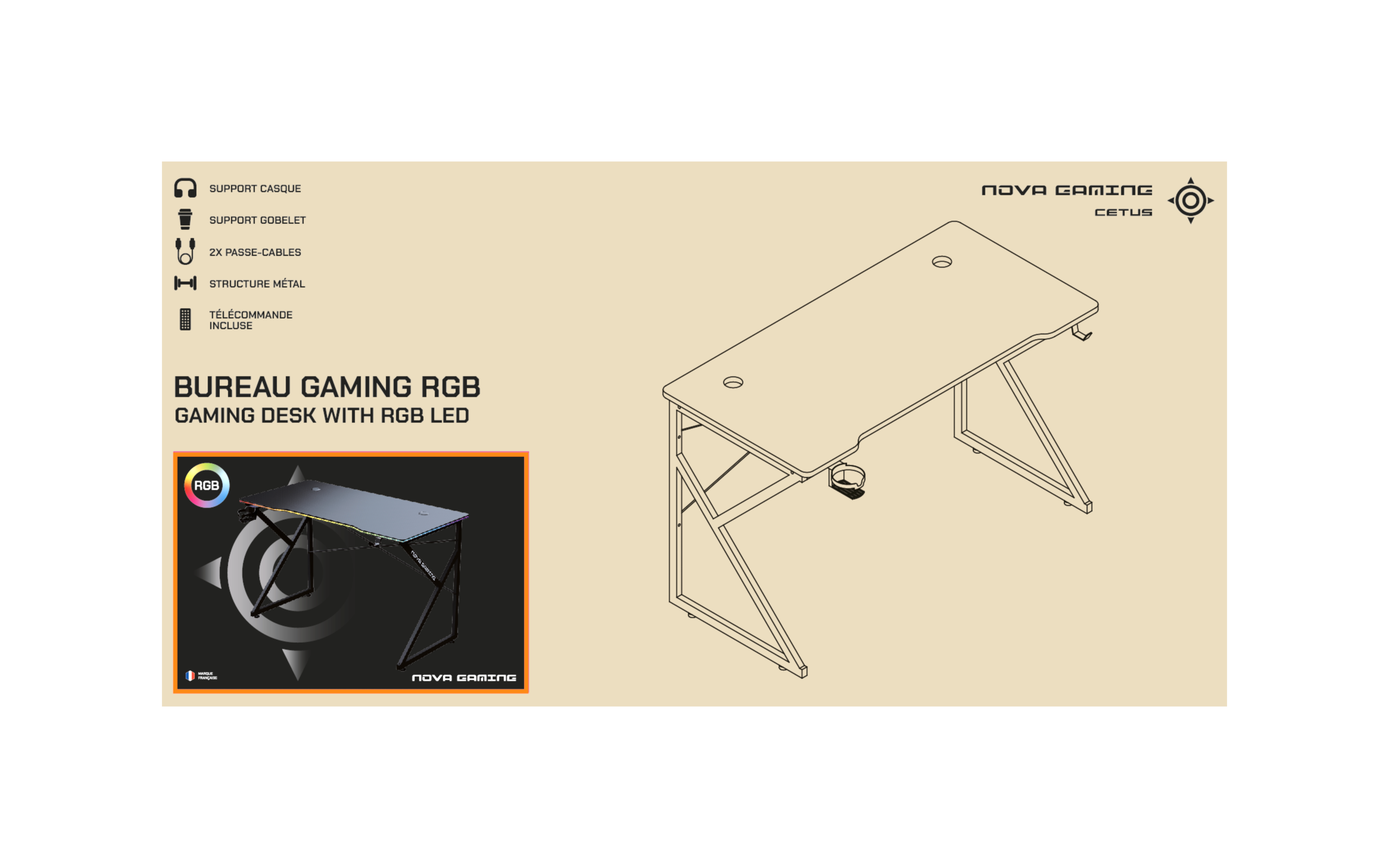 Table gaming Nova gaming - RGB cetus - Noir