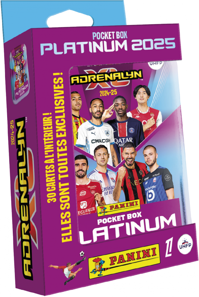 Lot de 26 cartes + 3 cartes EL + 1 carte Platinium - TCG ADRENALYN Ligue 1 McDonald’s 2024-2025 - boîte métal pocket - Panini France