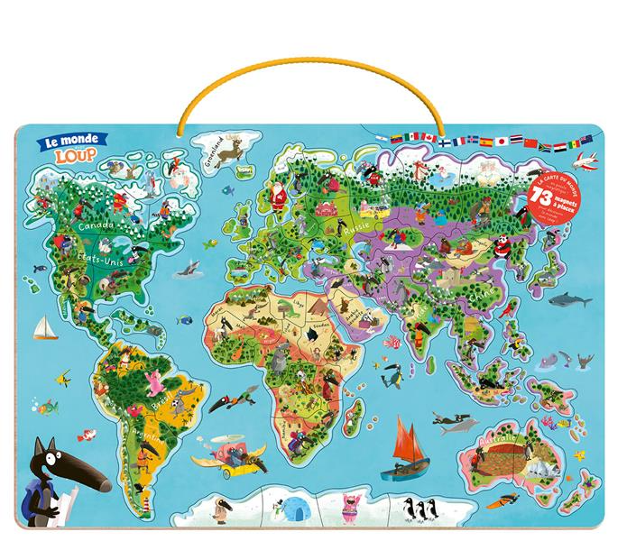 Puzzle 60 pièces - Ma carte du monde magnétique : Je découvre le monde avec Loup