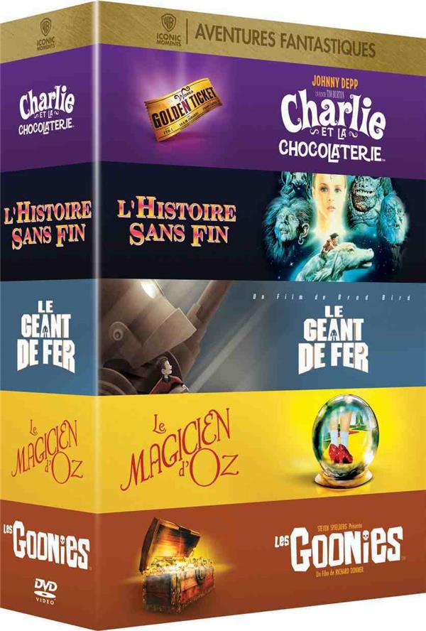 Collection de 5 films aventures fantastiques Warner : Le Géant de fer + L'Histoire sans fin + Les Goonies + Charlie et la chocolaterie + Le Magicien d'Oz