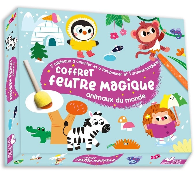 Coffret feutre magique : 5 tableaux à colorier et tamponner et 1 ardoise magique - animaux du monde