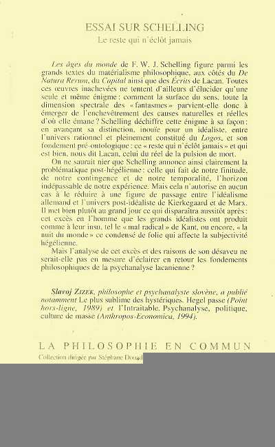 Zizek Slavoj Essai Sur Schelling - Le Reste Qui N'éclôt Jamais